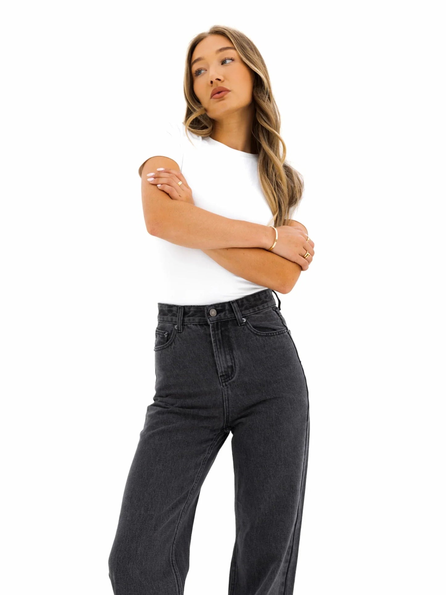 Wide Leg Jeans - Washed Black