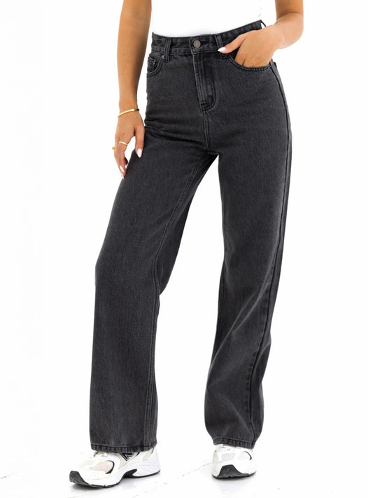 Wide Leg Jeans - Washed Black